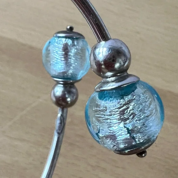 VINTAGE STERLING SILVER COIL WRAP CUFF BRACELET FROSTED AQUA BLUE MURANO GLASS - Picture 4 of 16